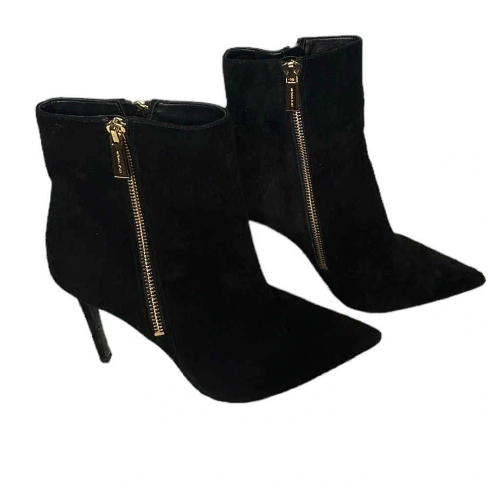 Michael Kors Keke Black Suede Gold Zip Pointed Toe Stiletto Ankle Boots Size 7.5 - Picture 4 of 9